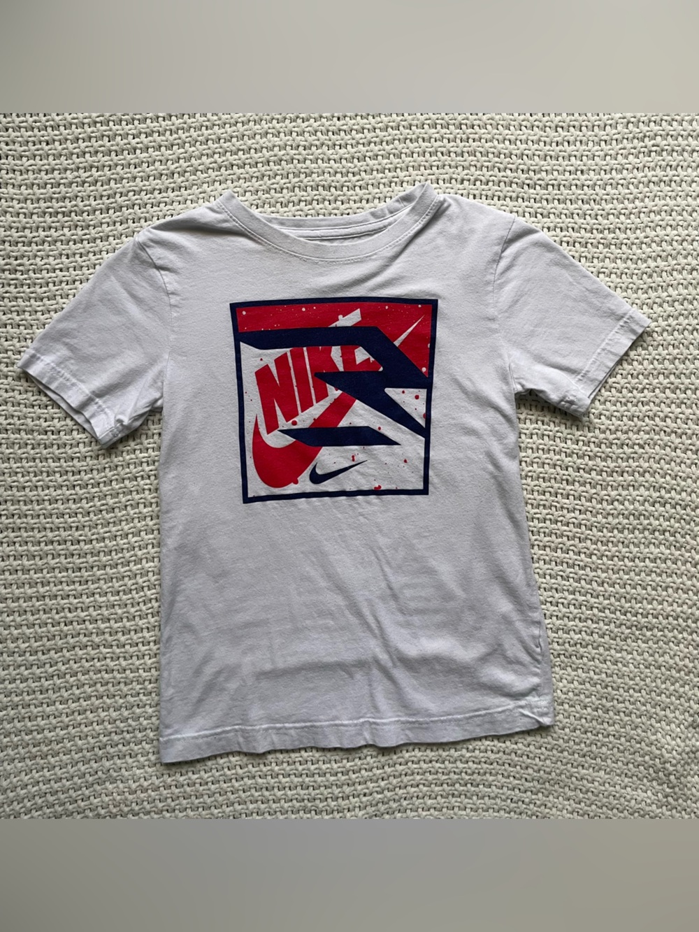 Nike White Short Sleeve Graphic Logo Tee with Red & Navy Print